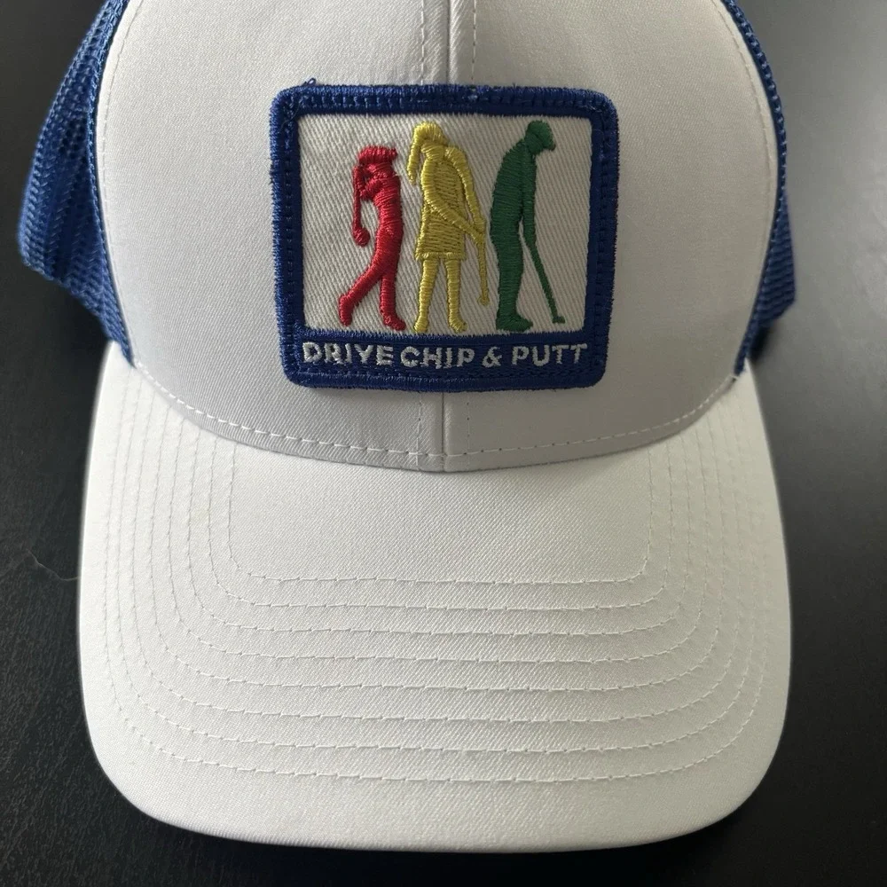 Drive Chip & Putt Golf Hat White Blue Mesh Trucker SnapBack OSFM Drive Chip Putt